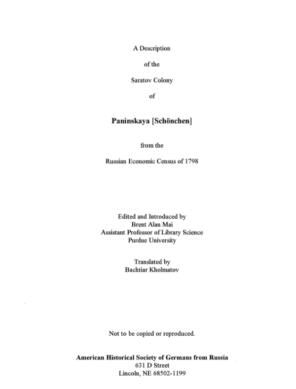 Schoenchen (Paninskaya) - 1798 Census