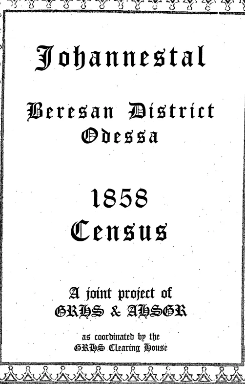 Johannestal 1858 Census