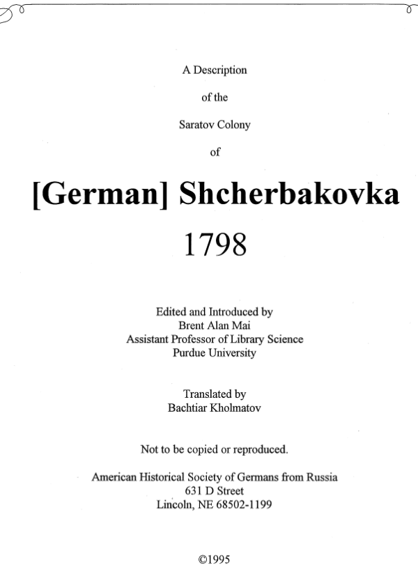 Shcherbatovka/Tscherbakowka (Muehlberg) - 1798 Census