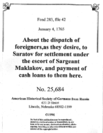 Dispatch of Settlers to Saratov for Settlement-4 Jan 1765