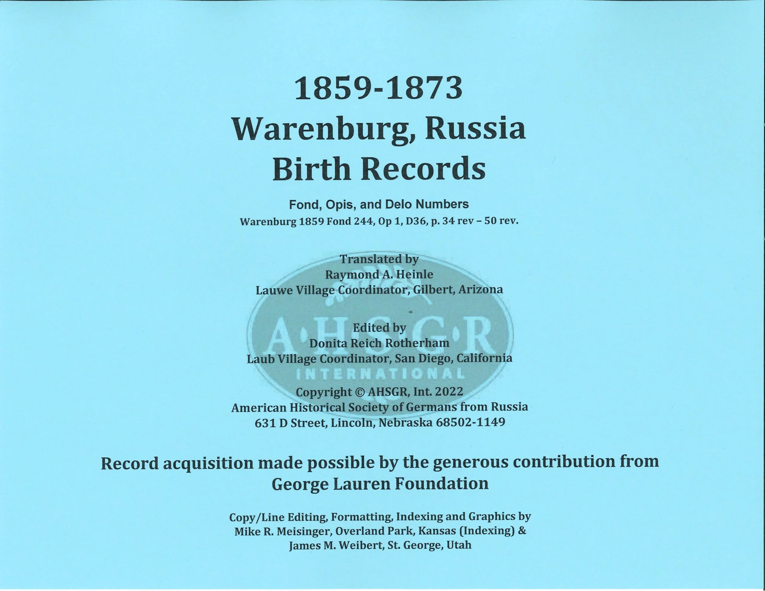 Warenburg, Russia Birth Records 1859-1873