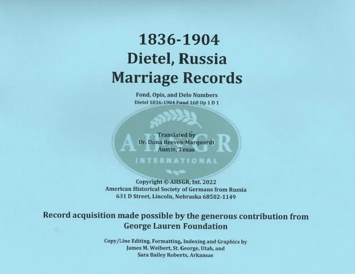 Dietel, Russia Marriage Records 1836-1904