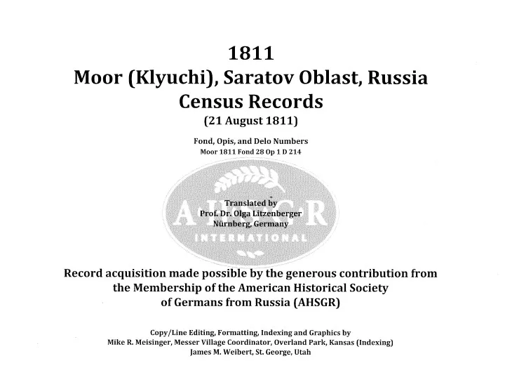1811 Moor (Klyuchi), Saratov Oblast, Russia Census Records
