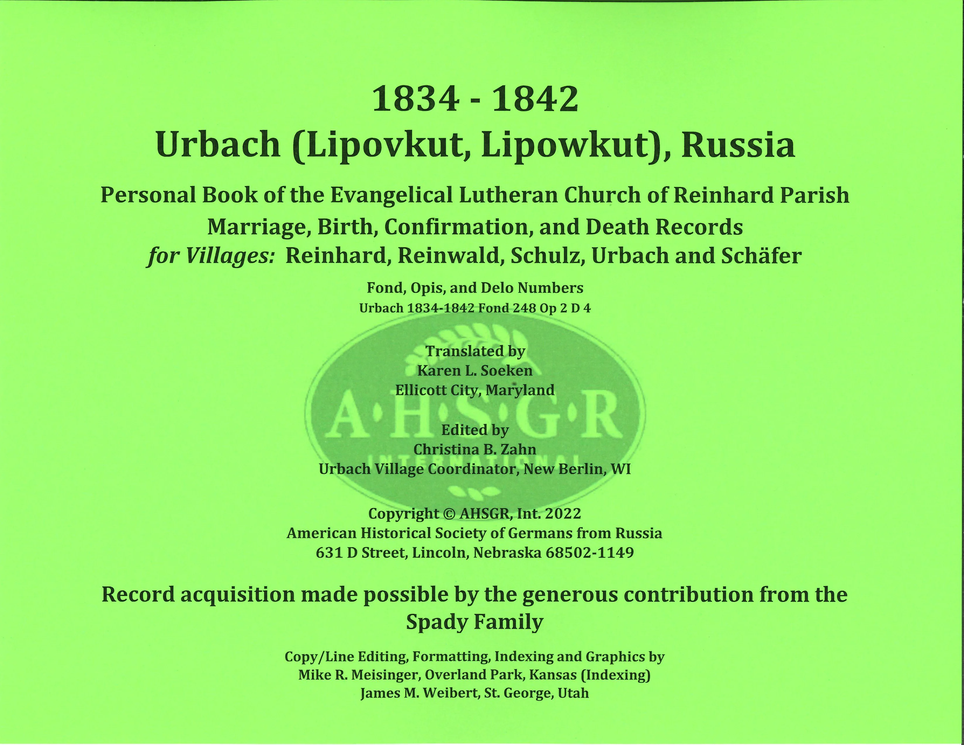 Urbach (Lipovkut, Lipowkut), Russia 1834 - 1842