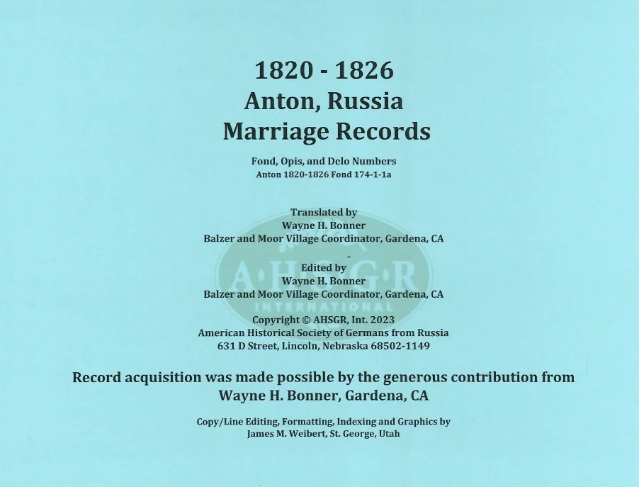Anton, Russia Marriage Records 1820-1826