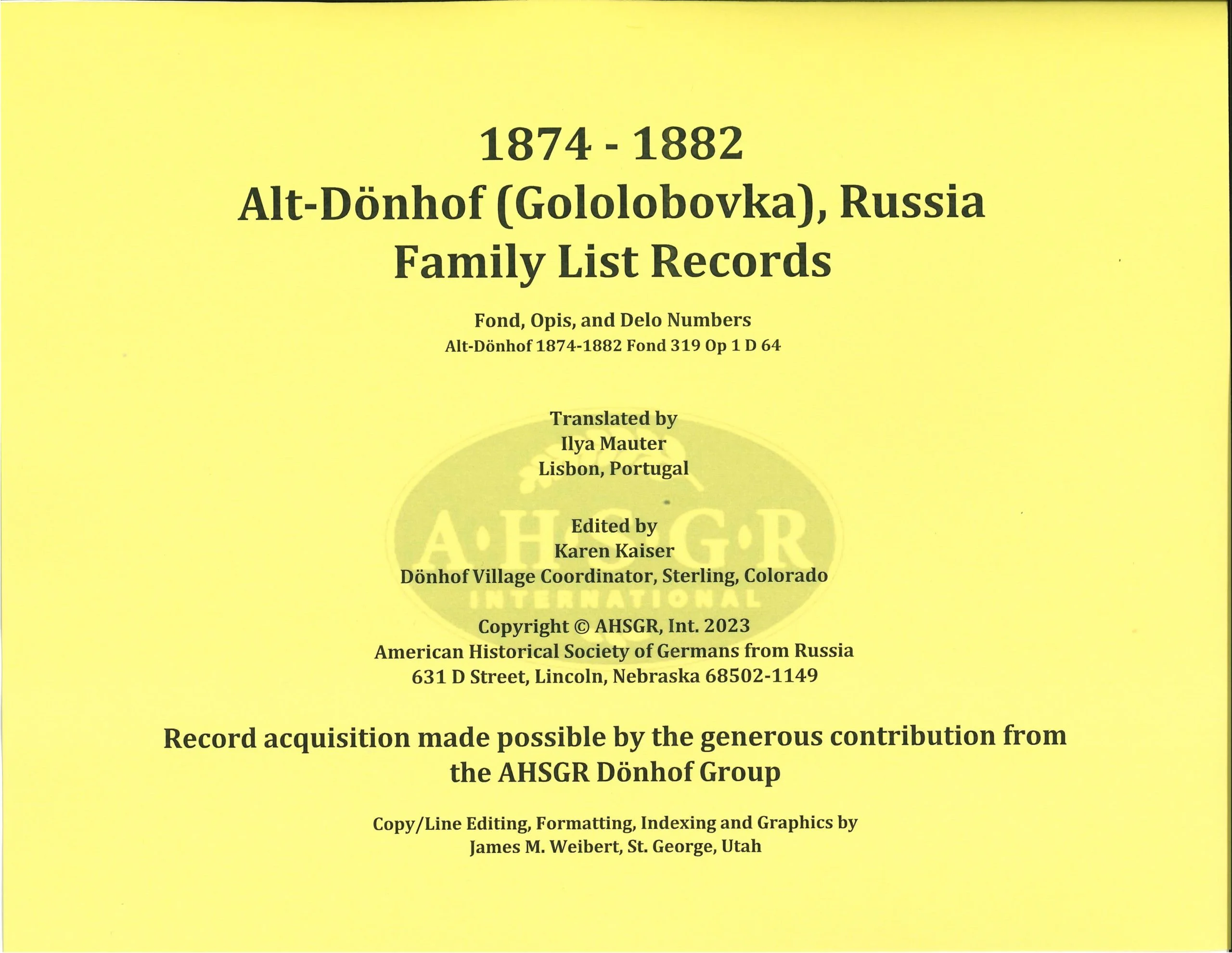 Alt-Donhof (Gololobovka) Russia Family List Records 1874-1882