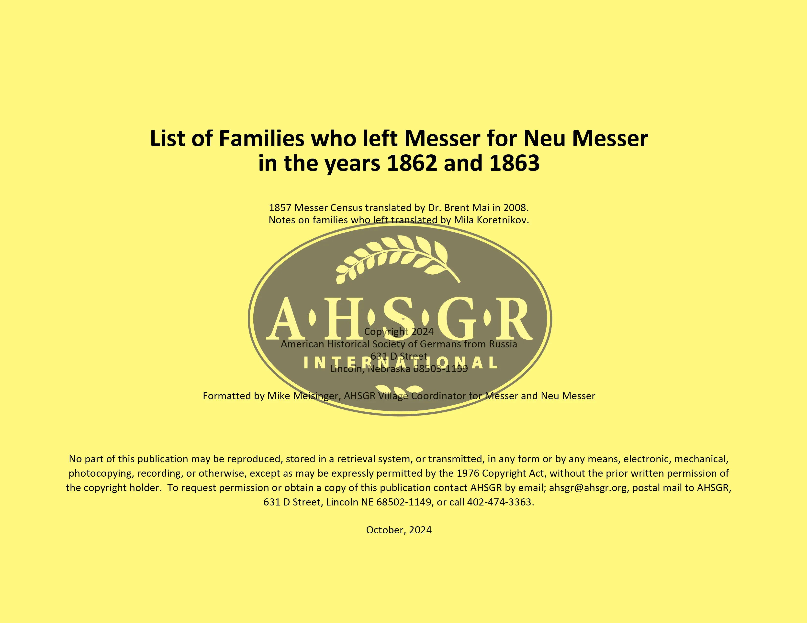 Neu Messer Settlers 1862-1863